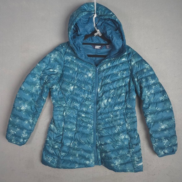 Lands End Jackets & Blazers - Lands End Womens Teal Floral Down Puffer Hooded Jacket XS